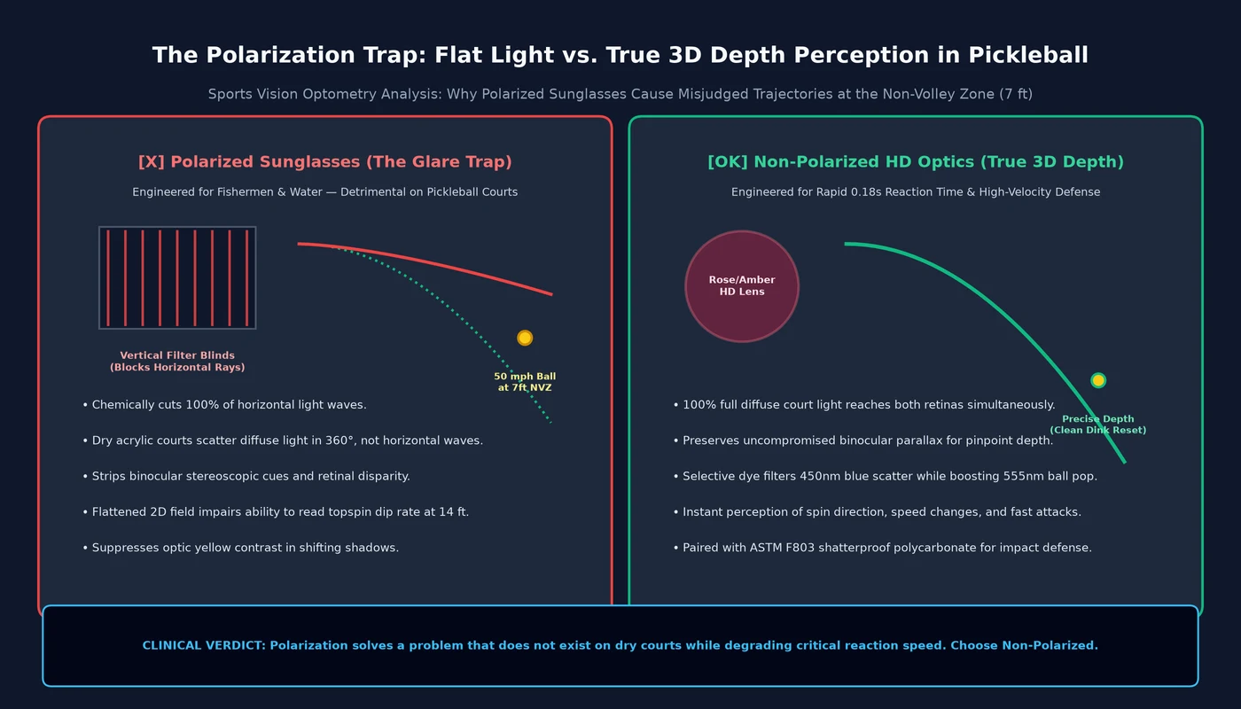The Polarization Trap: Flat Light vs True 3D Depth Perception in Pickleball Infographic